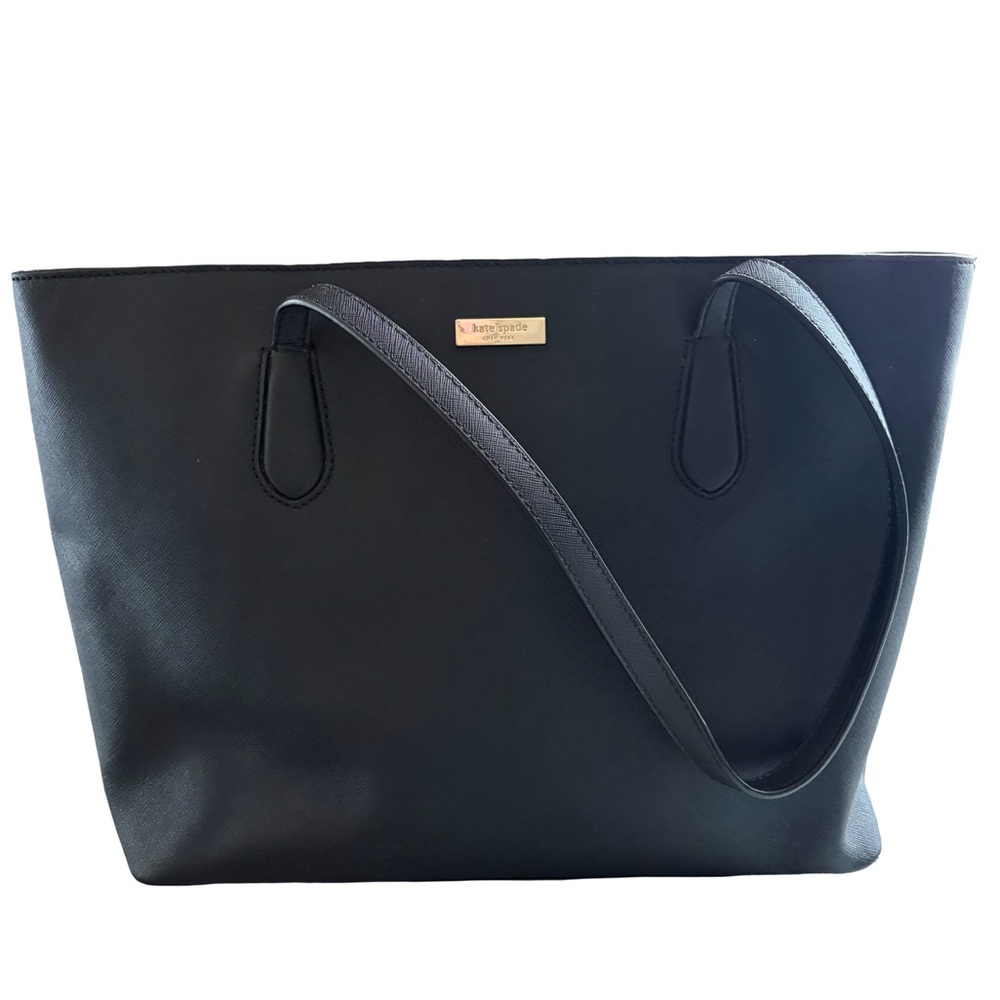 kate spade Black Leather Tote with Gold Logo Plaque